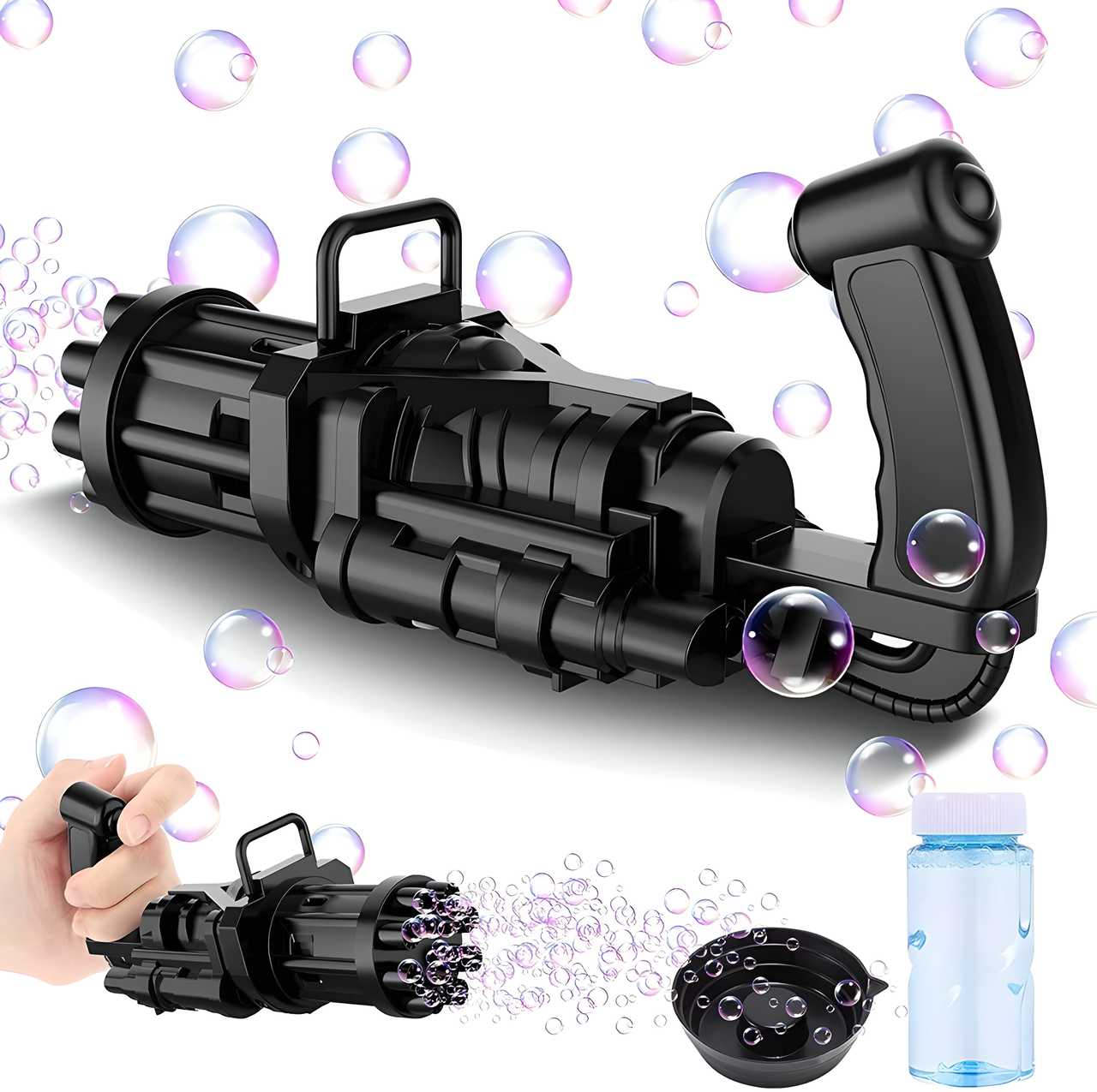 Black 8 hole bubble gun toy for kids with batteries including bubble solution and bubble tray