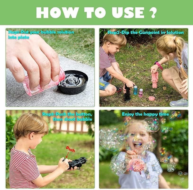 Step-by-step use of 8 hole bubble gun toy for kids with batteries showing pouring solution, dipping gun, pushing button, and kids enjoying bubbles