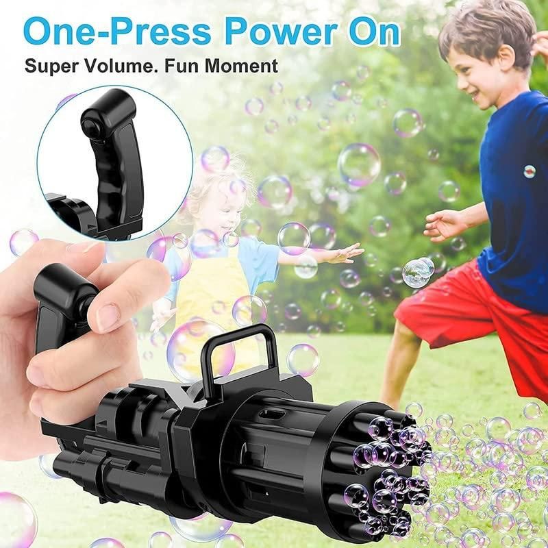 8 hole bubble gun toy for kids with batteries in black demonstrating one-press power on with kids playing outdoors