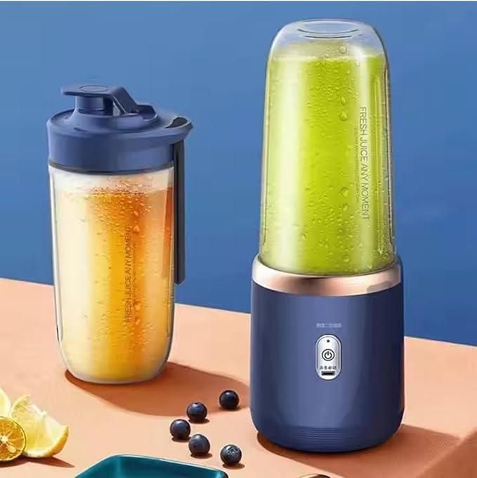 Best compact portable juicer with navy blue base and fresh juice containers for healthy drinks