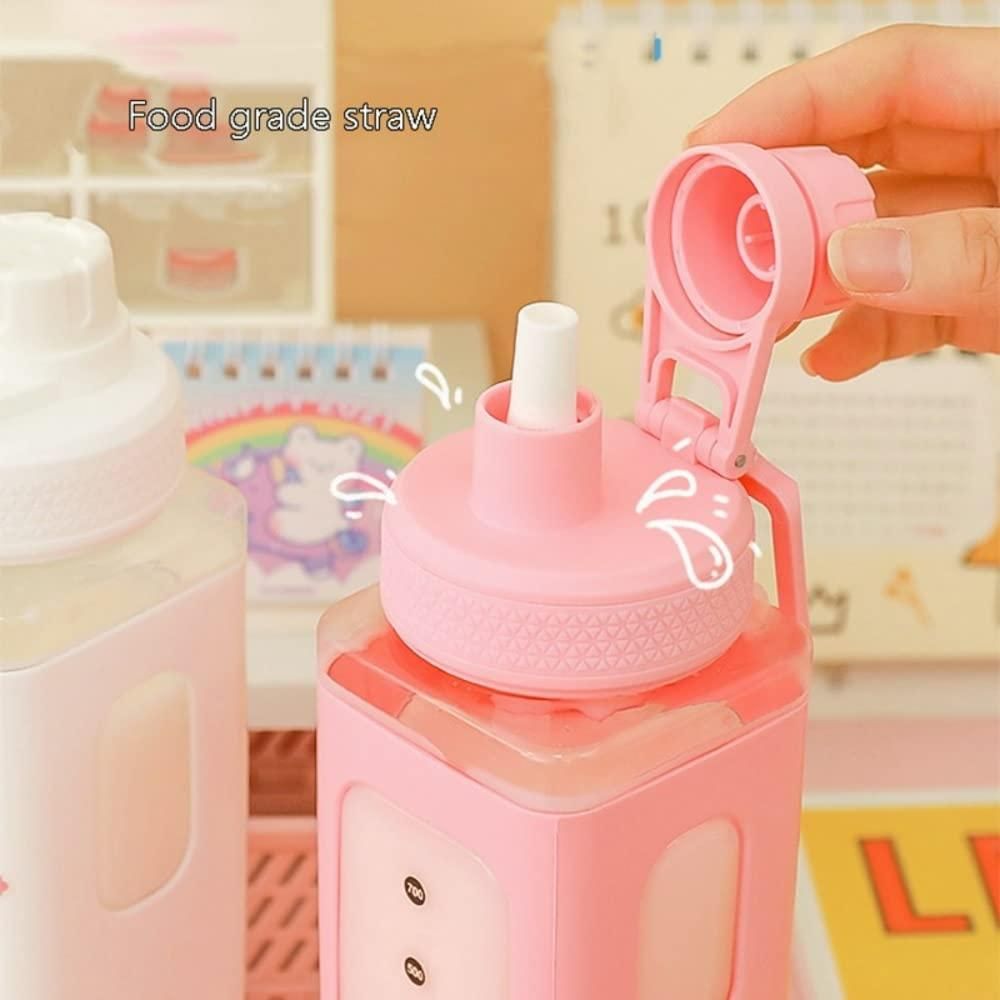 Pink cute straw water bottle for boys & girls with food grade straw and flip top lid