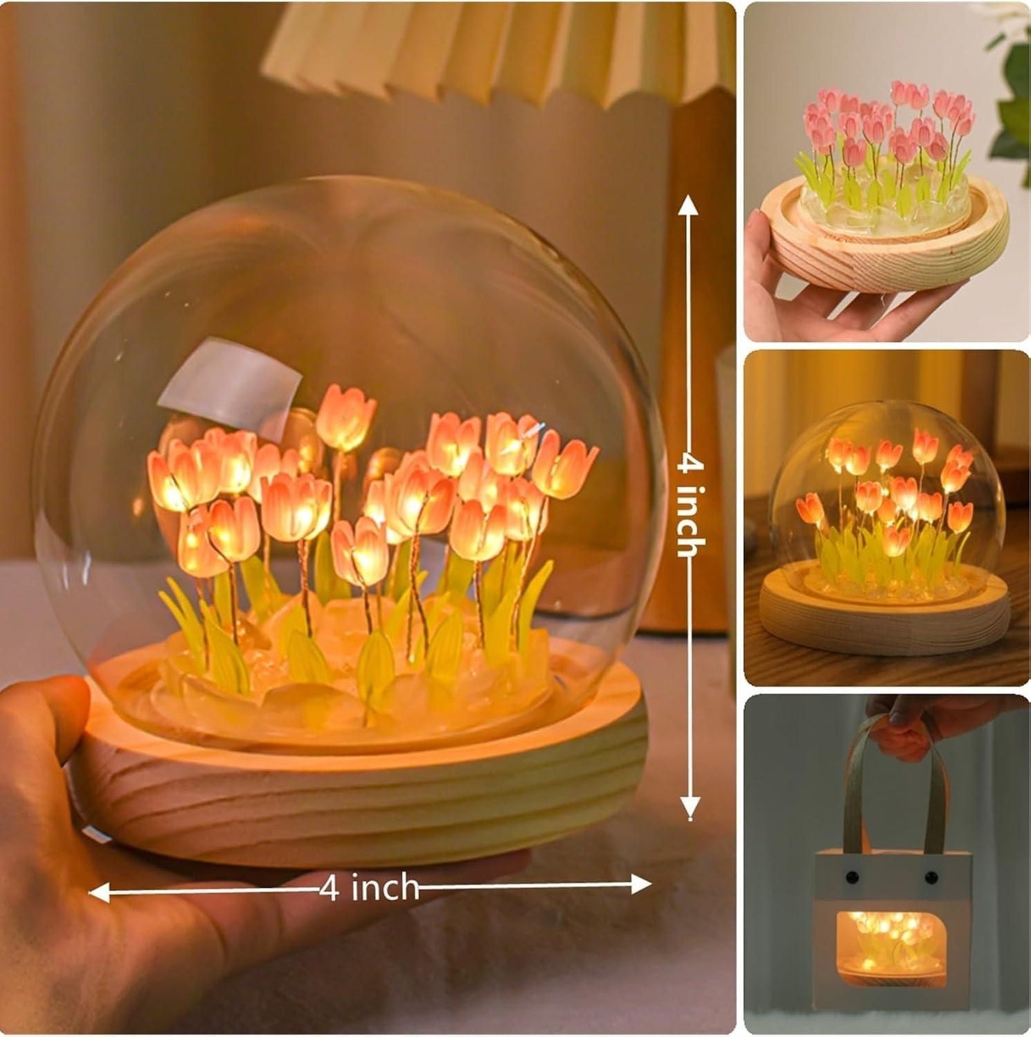 Decorative flower LED lamp with glowing pink tulips inside a 4 inch glass dome on wooden base