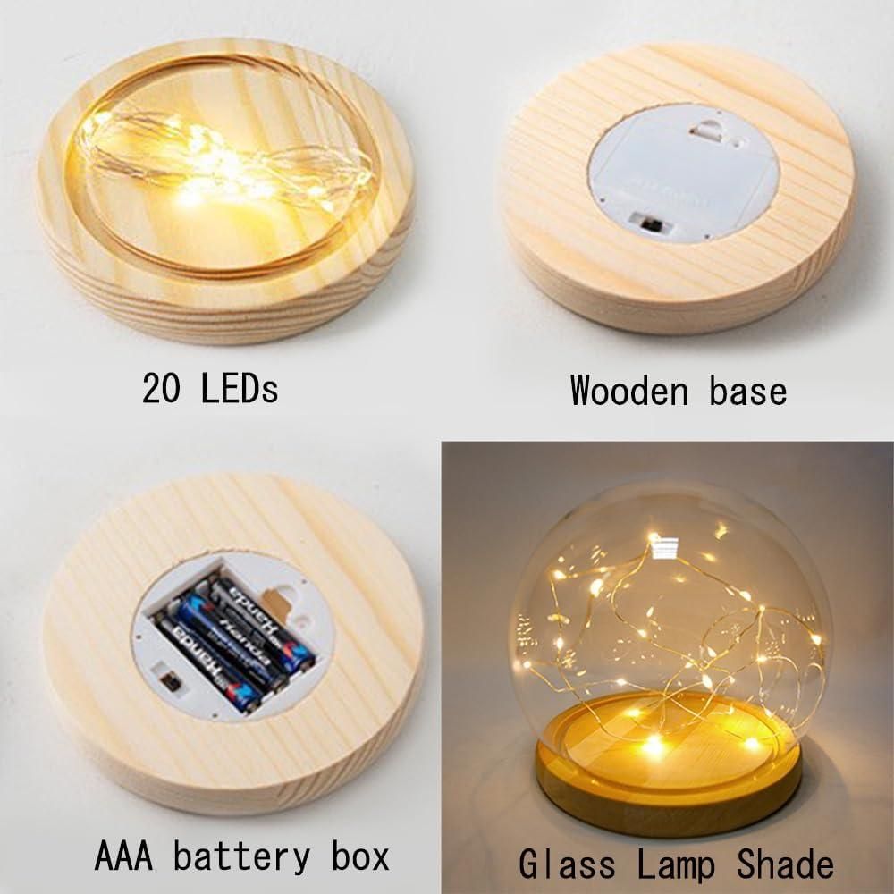 Decorative flower LED lamp with 20 LEDs, wooden base, AAA battery box, and glass lamp shade