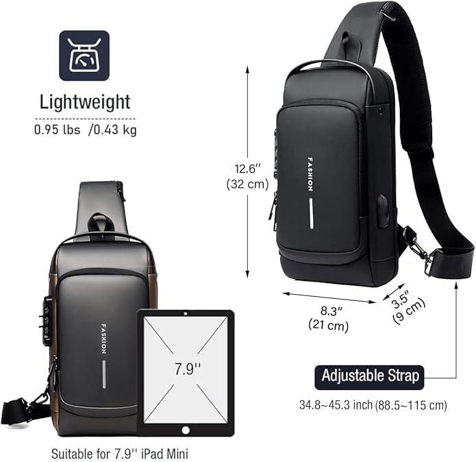 Black lightweight sling bag for men and women with adjustable strap and compact design suitable for 7.9 inch iPad Mini