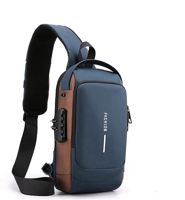 Blue and brown sling bag for men and women with adjustable padded strap and front zipper pocket