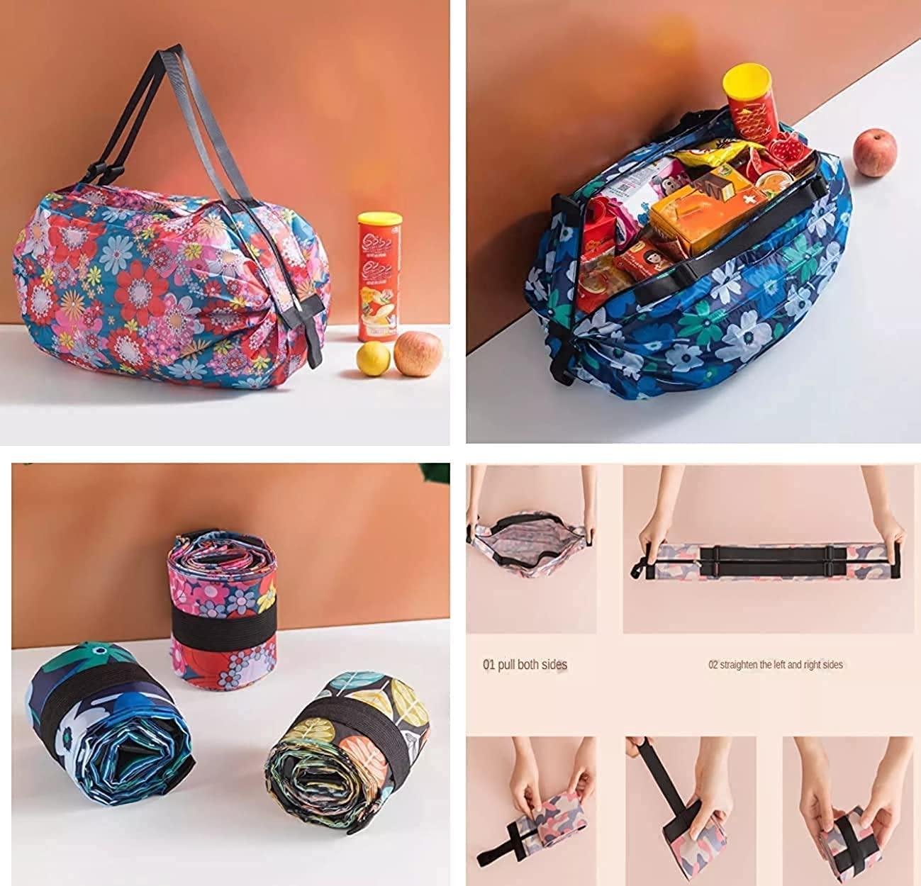 Foldable shopping bags set with colorful floral patterns shown folded and packed with groceries