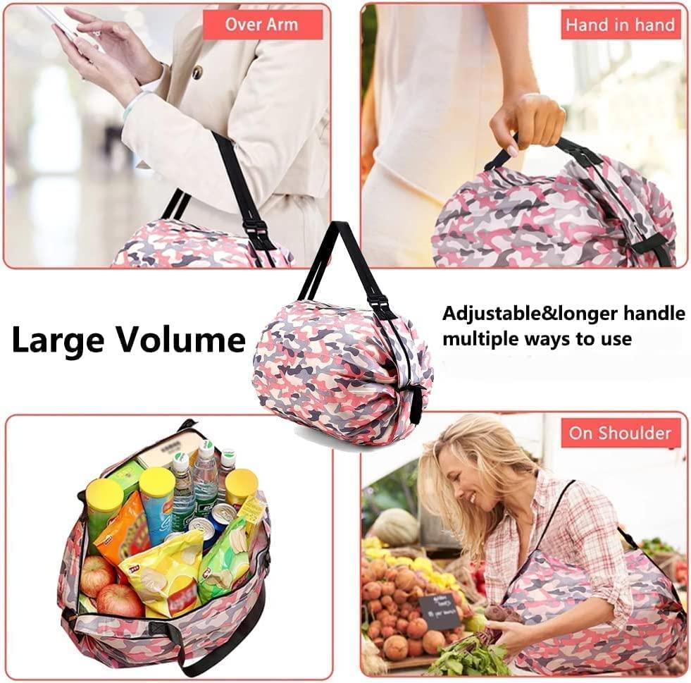 Foldable shopping bags set in pink camouflage with adjustable handles shown carried over arm, hand, and shoulder holding groceries