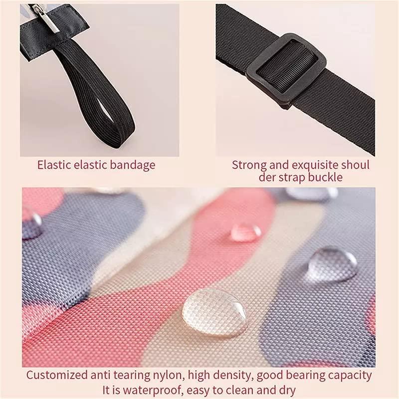 Close-up details of foldable shopping bags set showing elastic band, shoulder strap buckle, and water-resistant nylon fabric