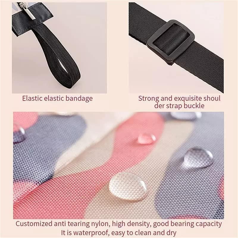 Close-up details of foldable shopping bags set showing elastic bandage, shoulder strap buckle, and water-resistant nylon fabric