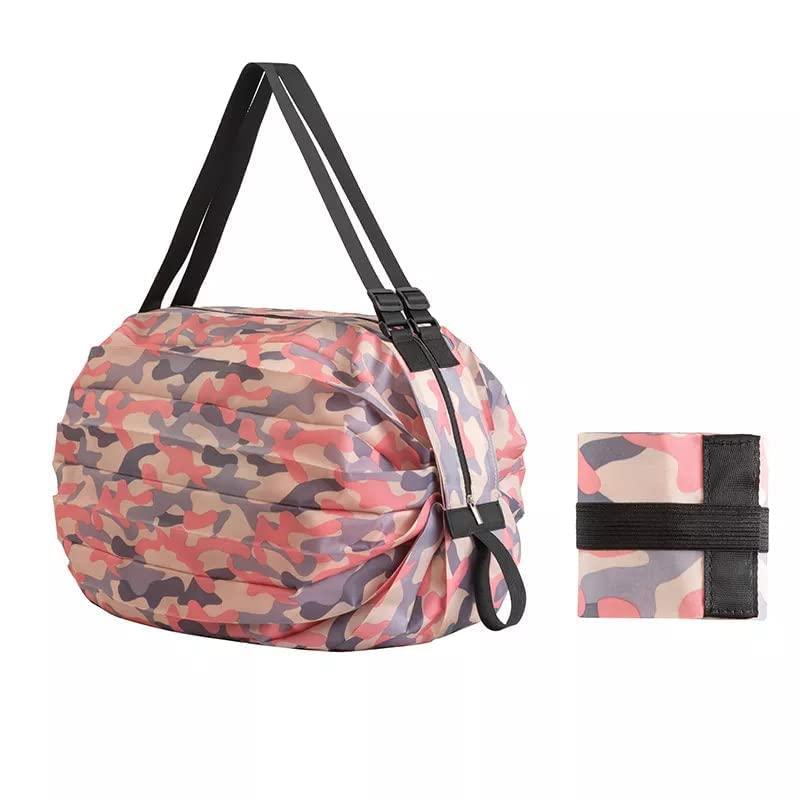 Pink and gray camo foldable shopping bags set with adjustable black straps and compact storage pouch