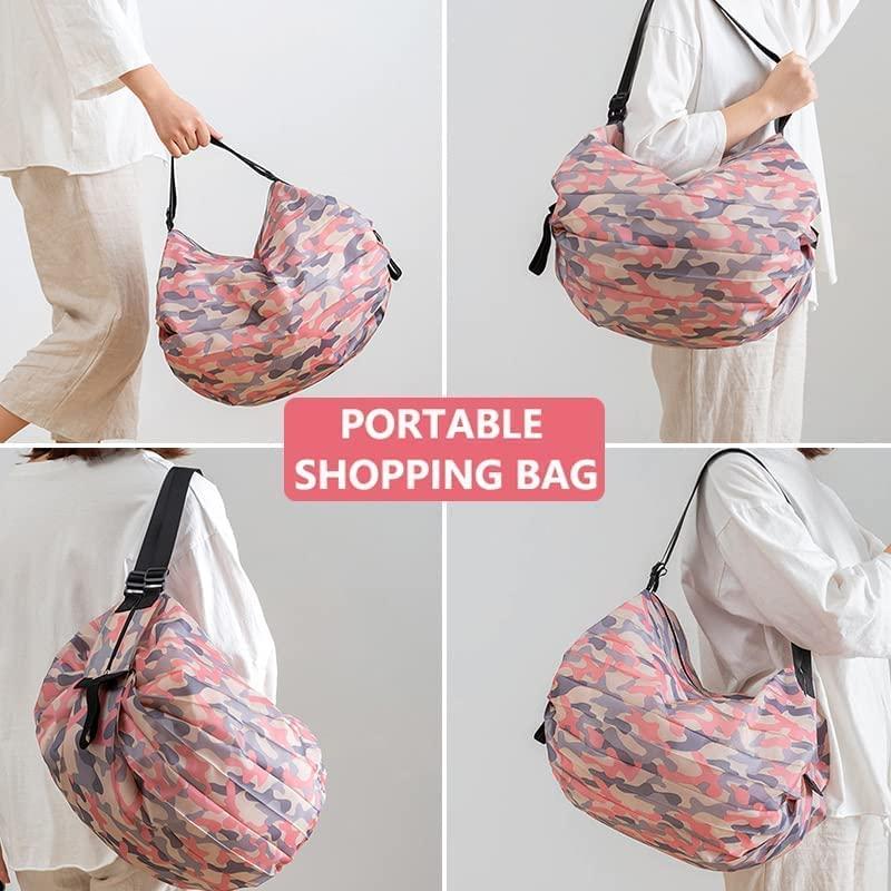 Pink camo foldable shopping bags set shown being carried in various portable styles