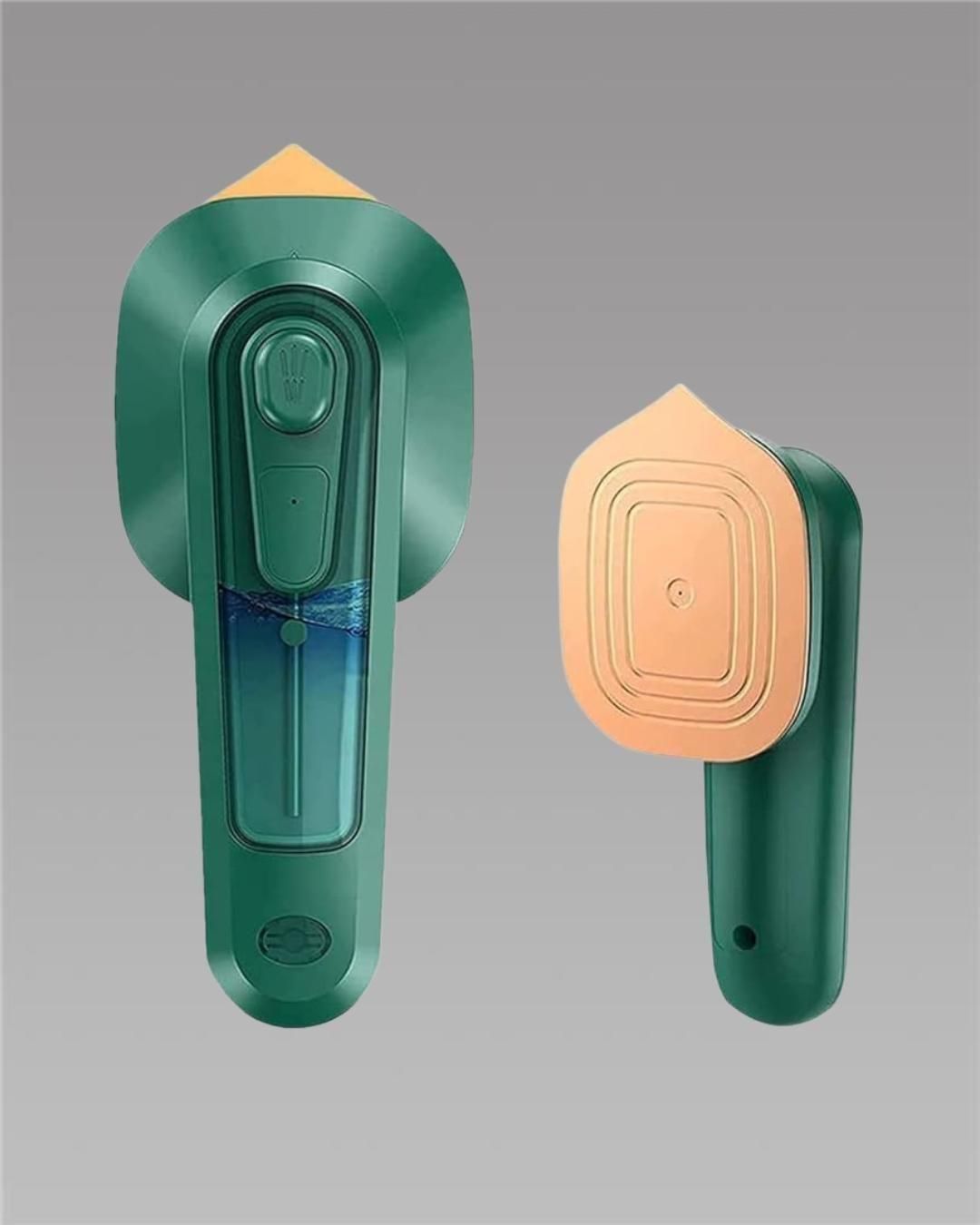 Green and gold portable clothes steamer with ergonomic handle and water tank visible