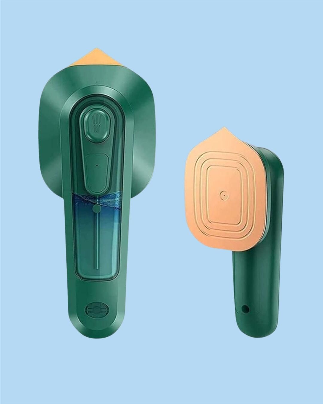 Green and gold portable clothes steamer with ergonomic handle and water tank on blue background