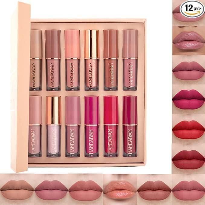 set of 12 colorful long lasting lipstick for Indian skin in a pink box with swatches