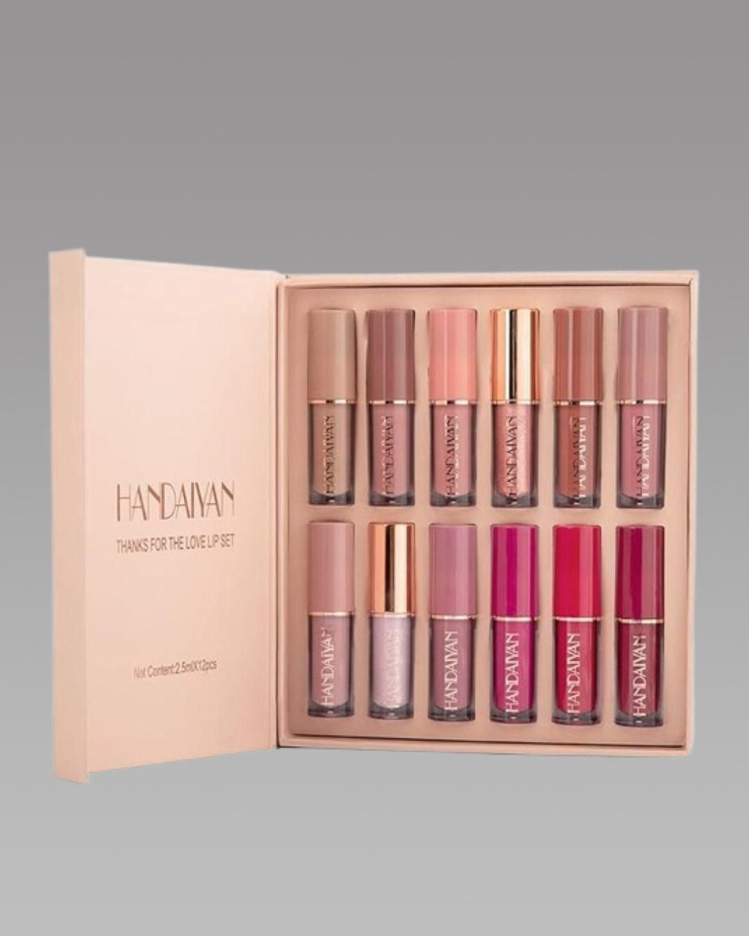hANDAIYAN long lasting lipstick for Indian skin set with 12 assorted shades in a pink box