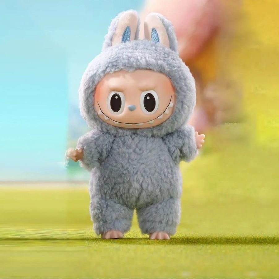 Cute Labubu doll online India wearing a fluffy gray bunny costume with big ears and smiling face