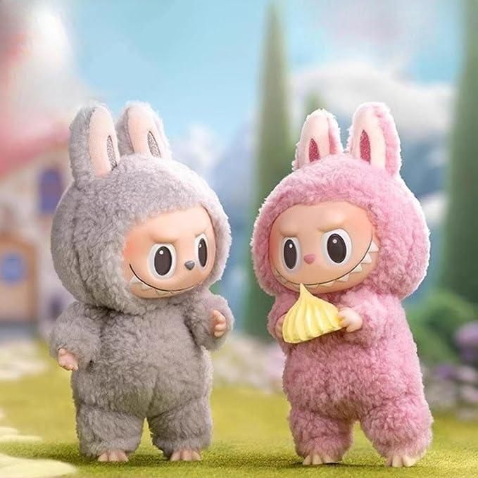 Two Labubu dolls in fluffy bunny costumes, one gray and one pink, available Labubu doll online India