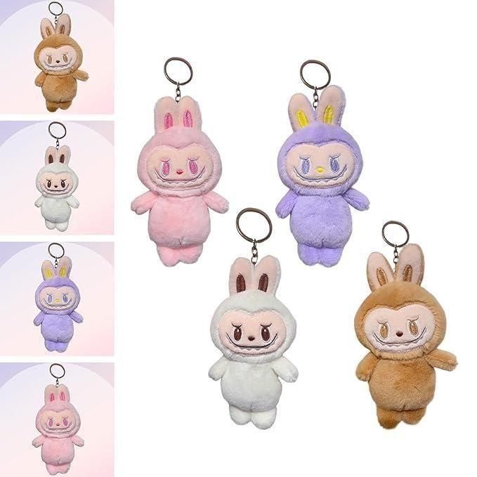 Cute set of Labubu doll online India plush keychains in pink, purple, white, and brown bunny costumes
