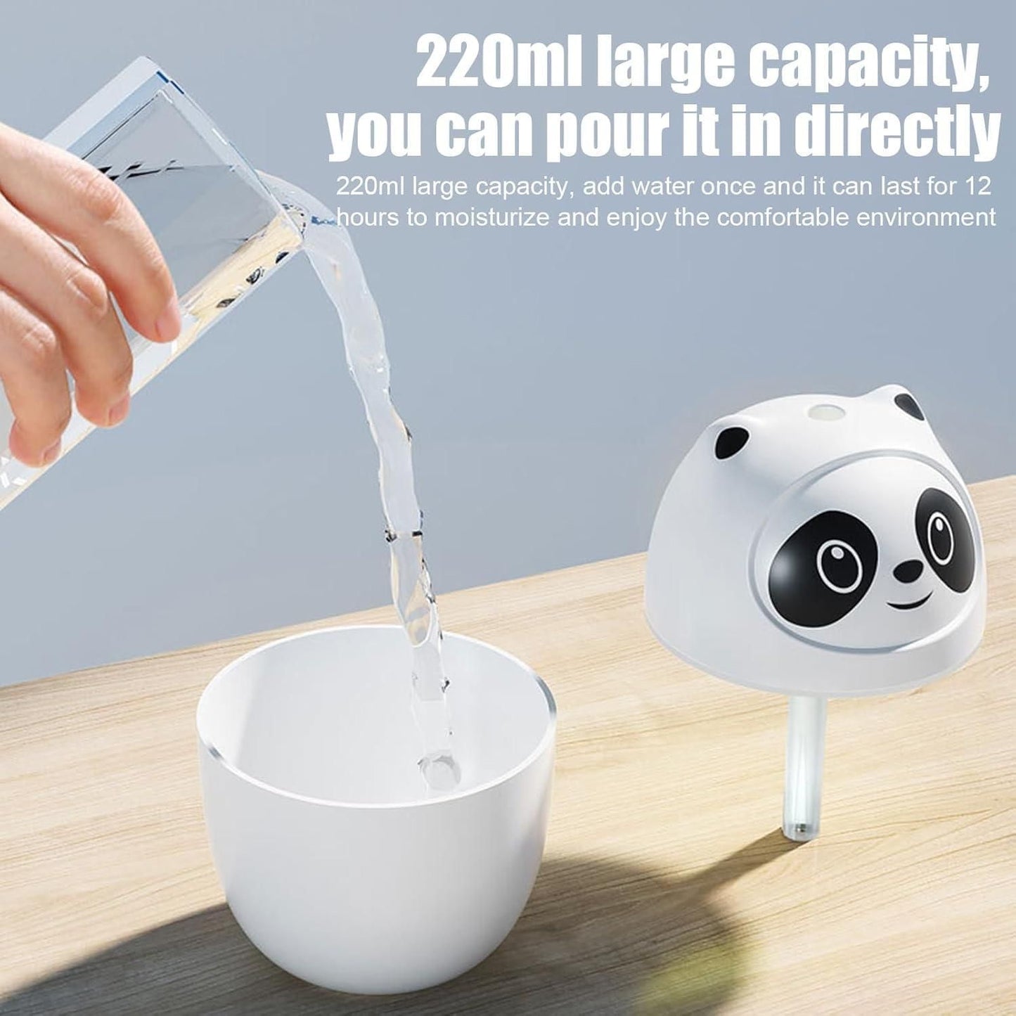 Mini cool mist humidifier for room with panda design and 220ml large capacity being filled with water