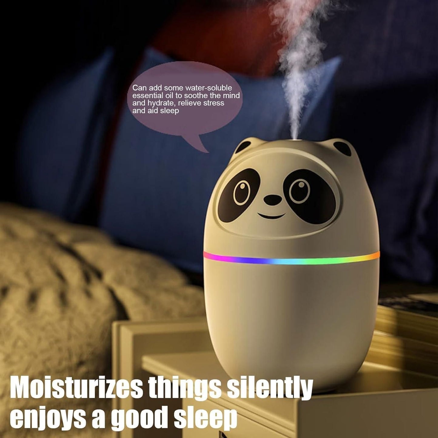 Cute panda shaped mini cool mist humidifier for room with colorful LED light releasing mist on bedside table