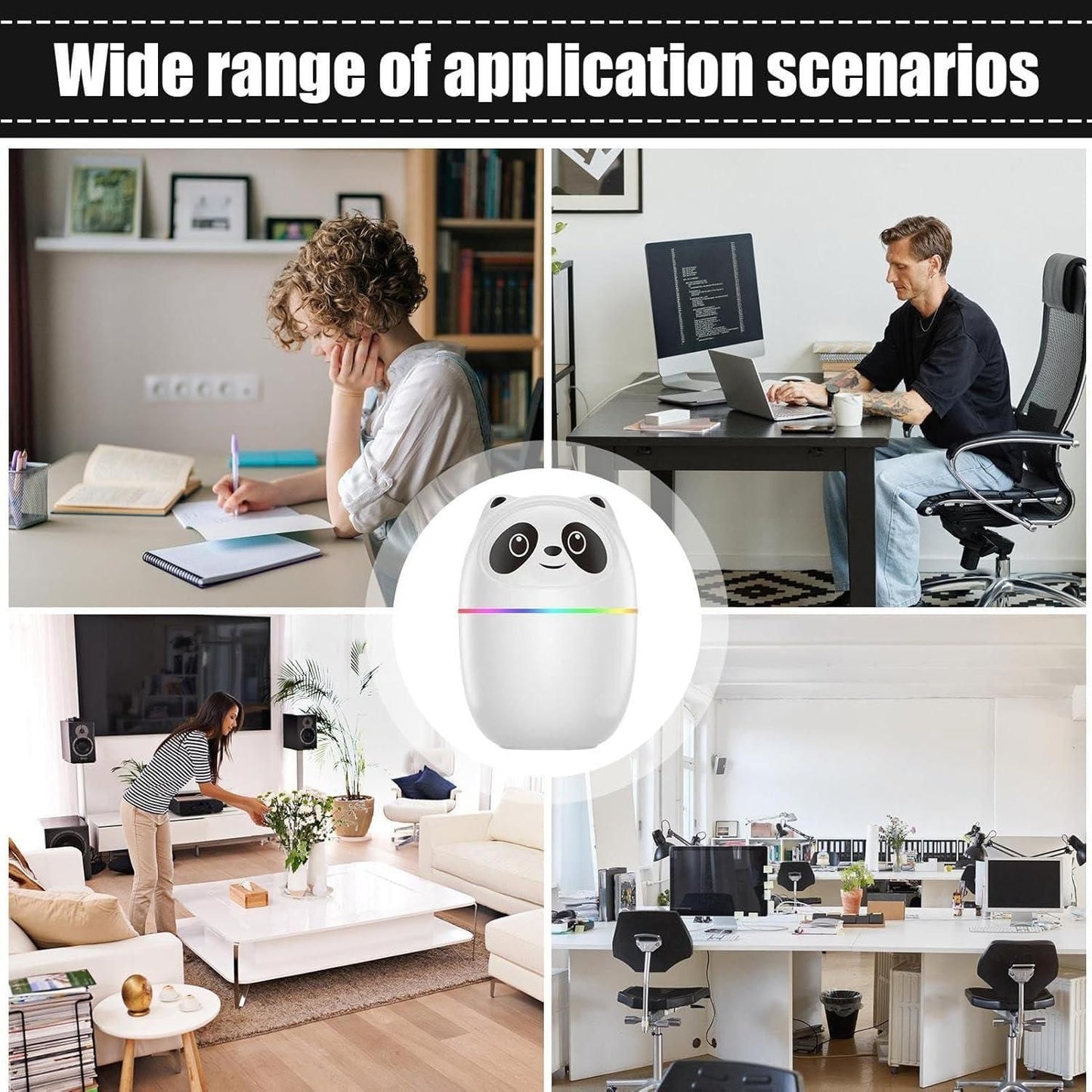 Mini cool mist humidifier for room shaped like a panda with wide application in home and office settings