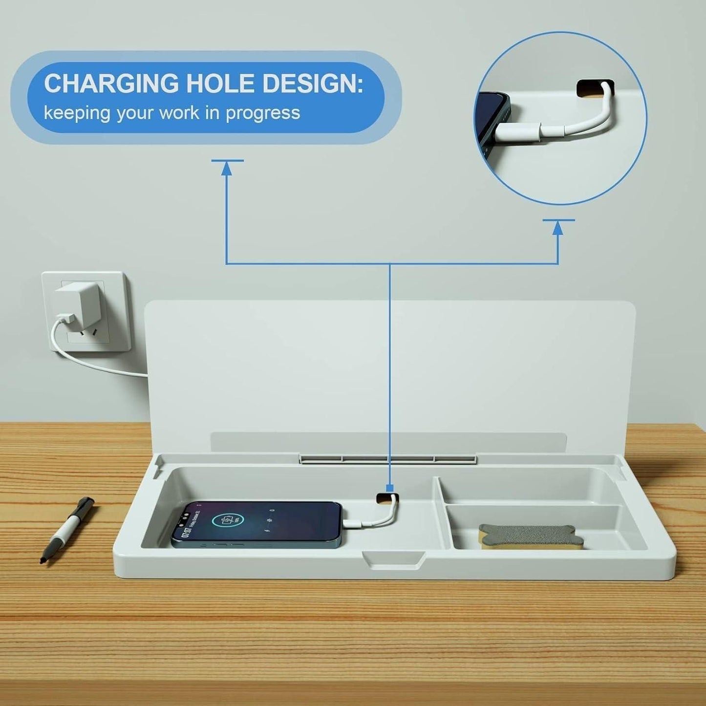 White multifunctional storage desk board with charging hole design holding smartphone and organizing items