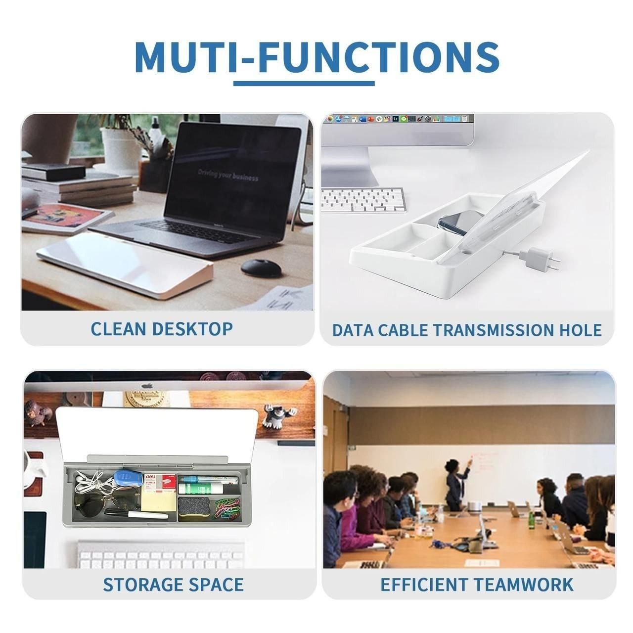 Multifunctional storage desk board showing clean desktop, cable transmission hole, storage space, and teamwork use