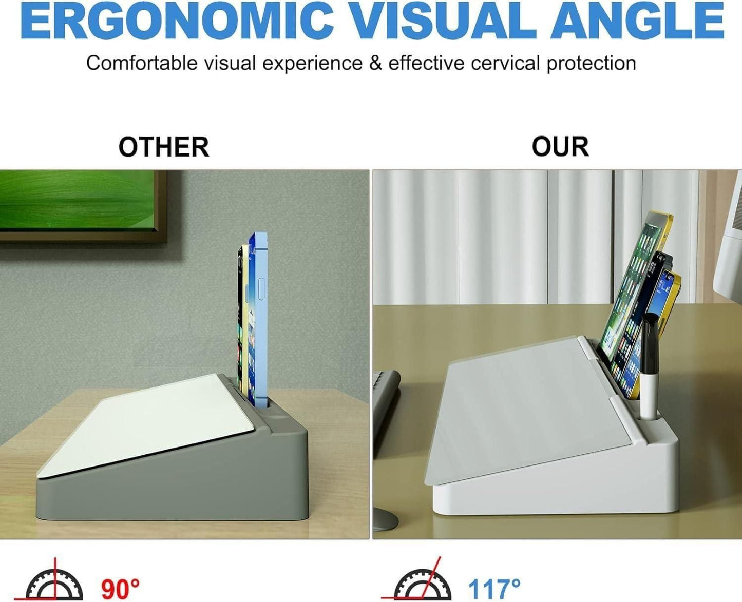 Comparison of ergonomic visual angle between other and our multifunctional storage desk board showing better cervical protection