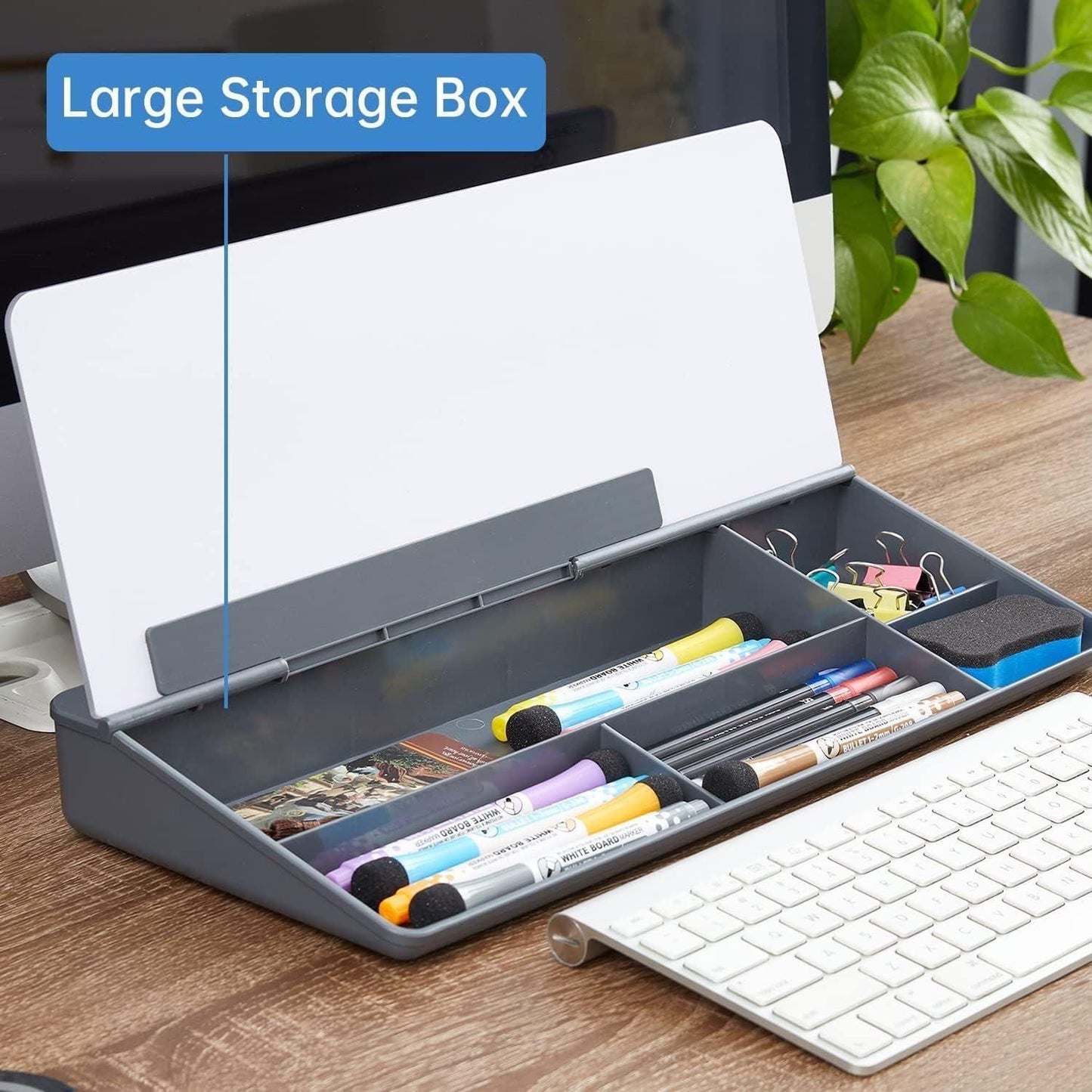 Multifunctional storage desk board with large storage box holding markers and office supplies