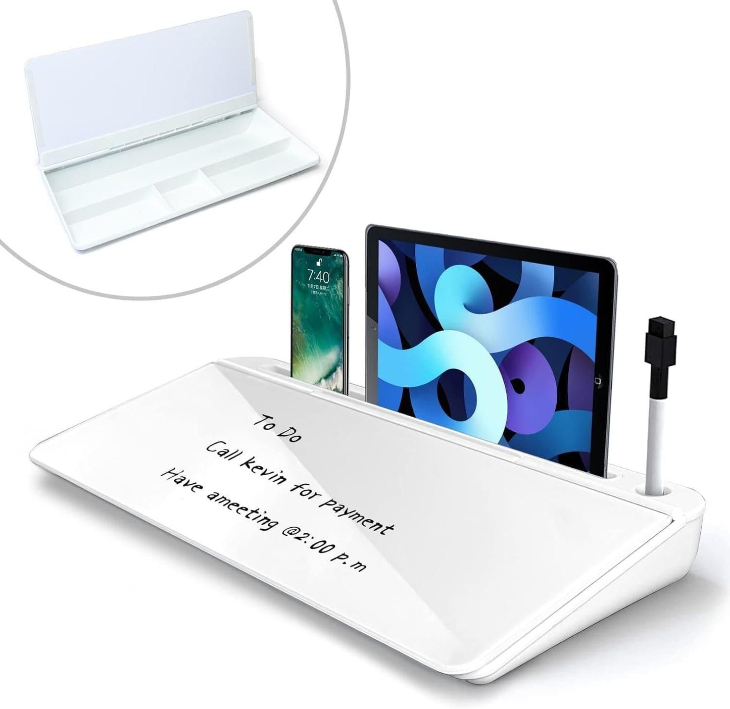 White multifunctional storage desk board with compartments, holder for tablet, phone, and pen, and writable surface