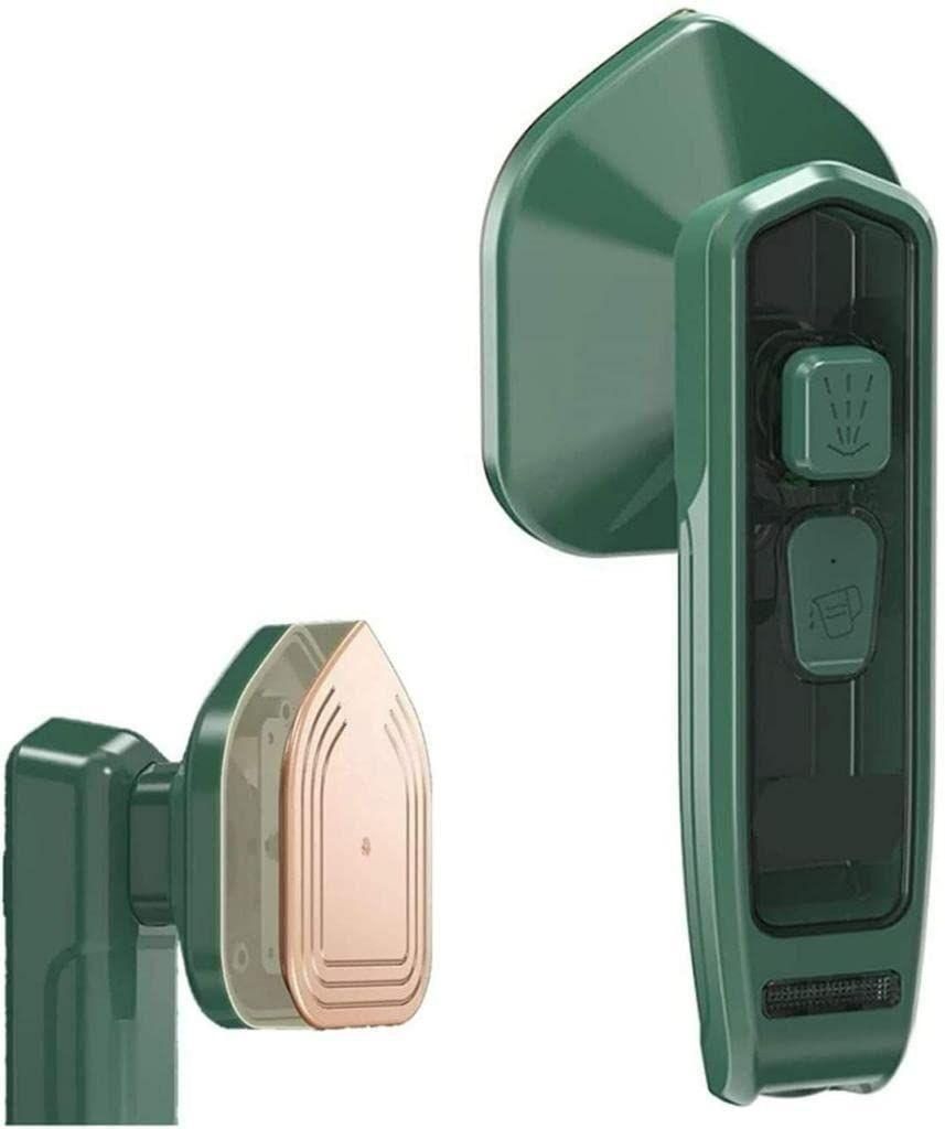 Green portable clothes steamer with ergonomic handle and dual steam function buttons