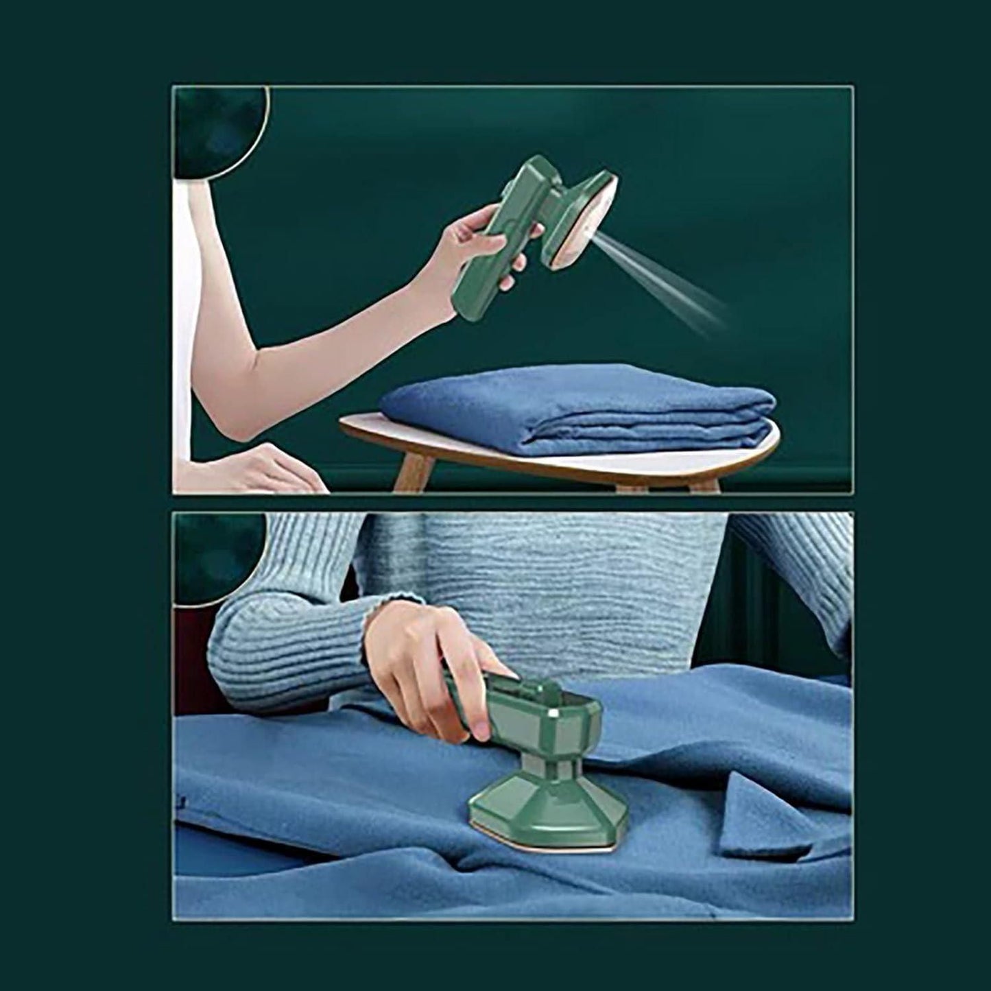 Green portable clothes steamer in use smoothing wrinkles on blue fabric on wooden table