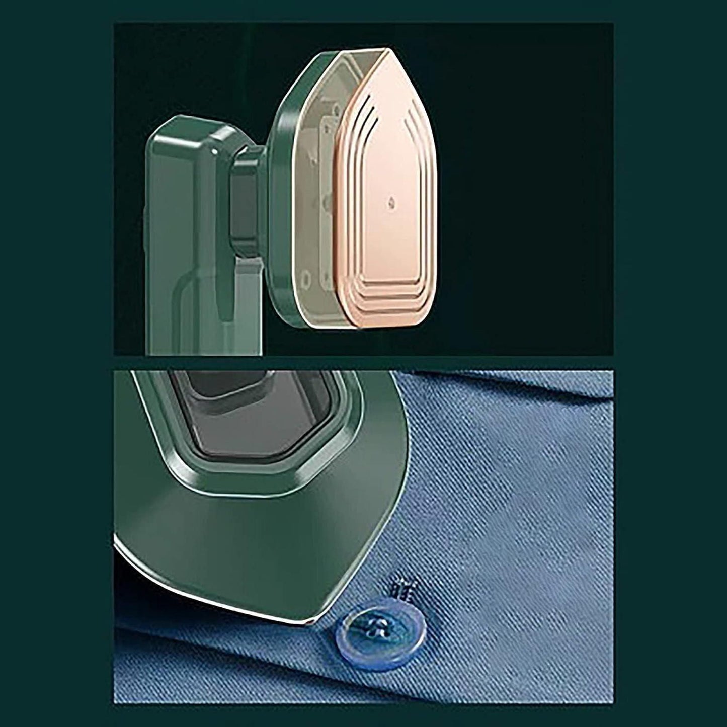 Compact portable clothes steamer with green body and copper steam plate removing wrinkles from blue shirt