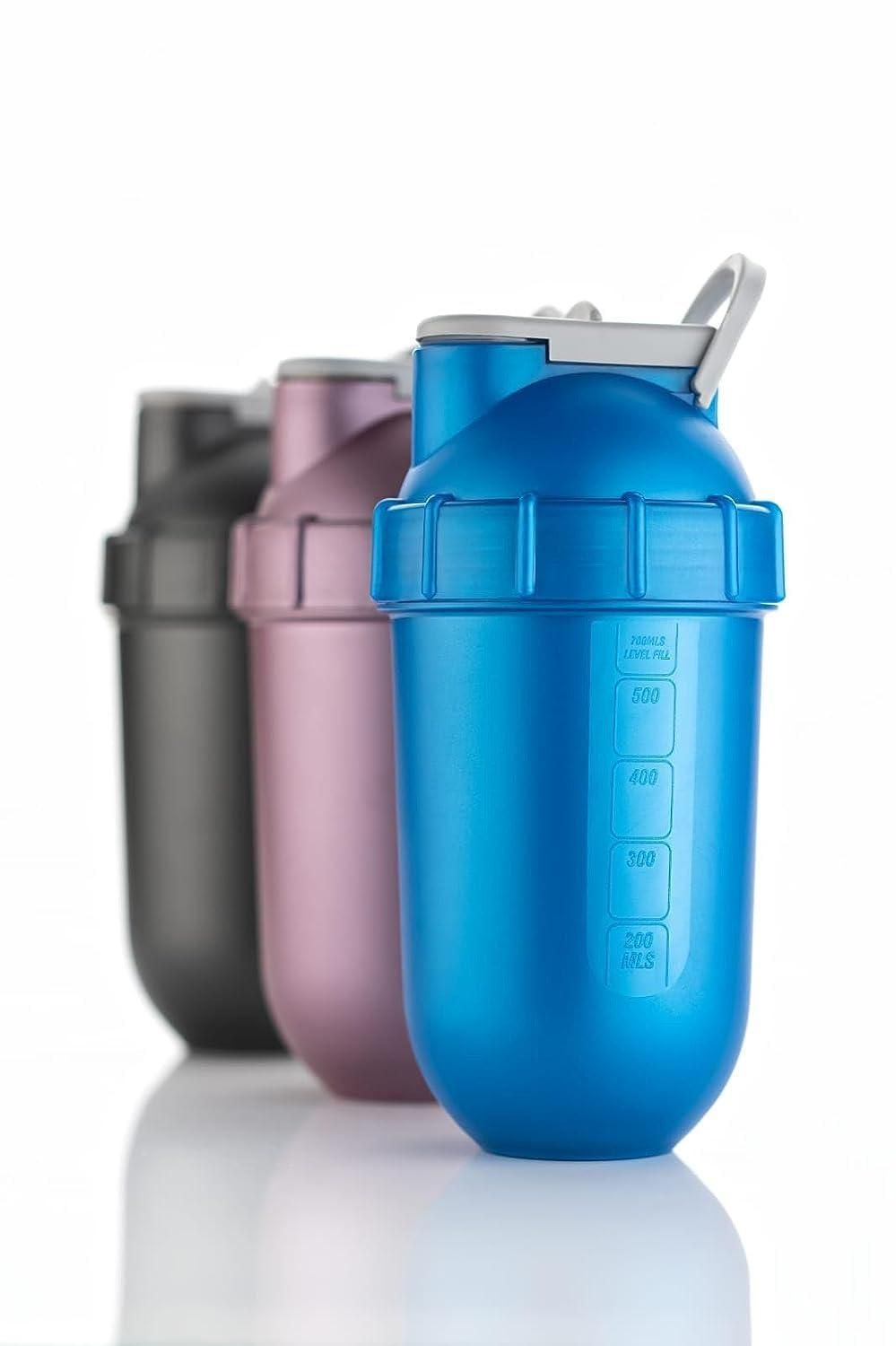Blue protein shaker bottle for gym with measurement markings and secure lid, shown with two other shaker bottles