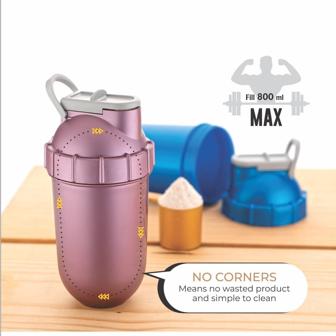 Rose gold protein shaker bottle for gym with 800ml capacity and no corners design for easy cleaning