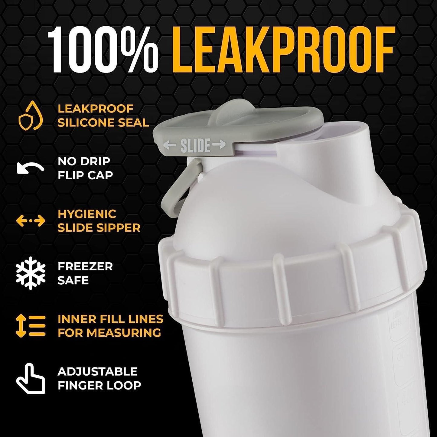 White protein shaker bottle for gym with leakproof silicone seal and no drip flip cap