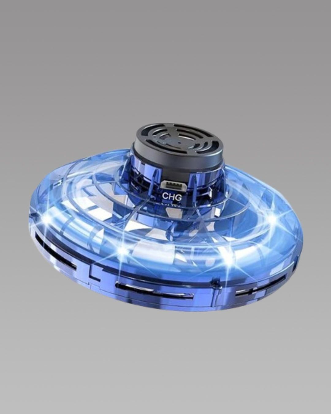 Blue magic flying orb toy with LED lights and top charging port on gray background