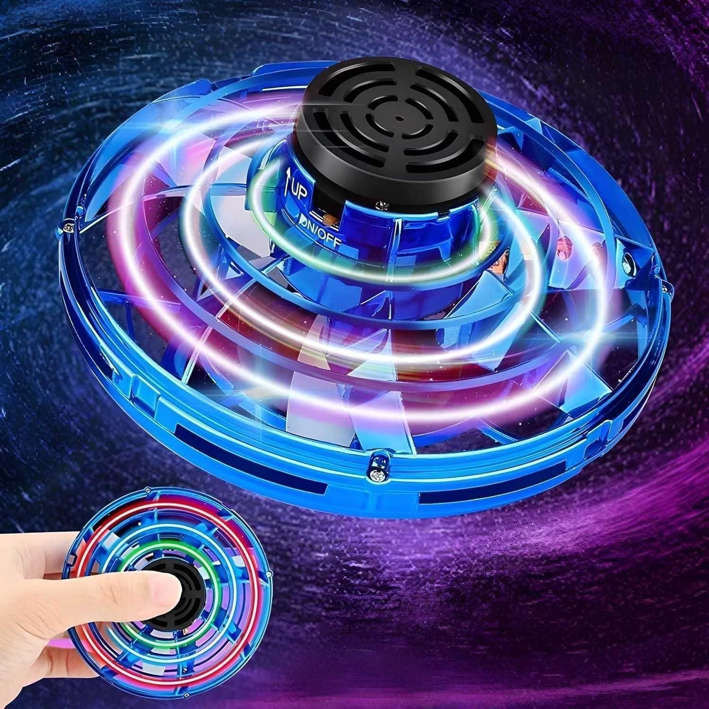 Blue magic flying orb toy hovering with glowing LED lights and hand holding a smaller orb