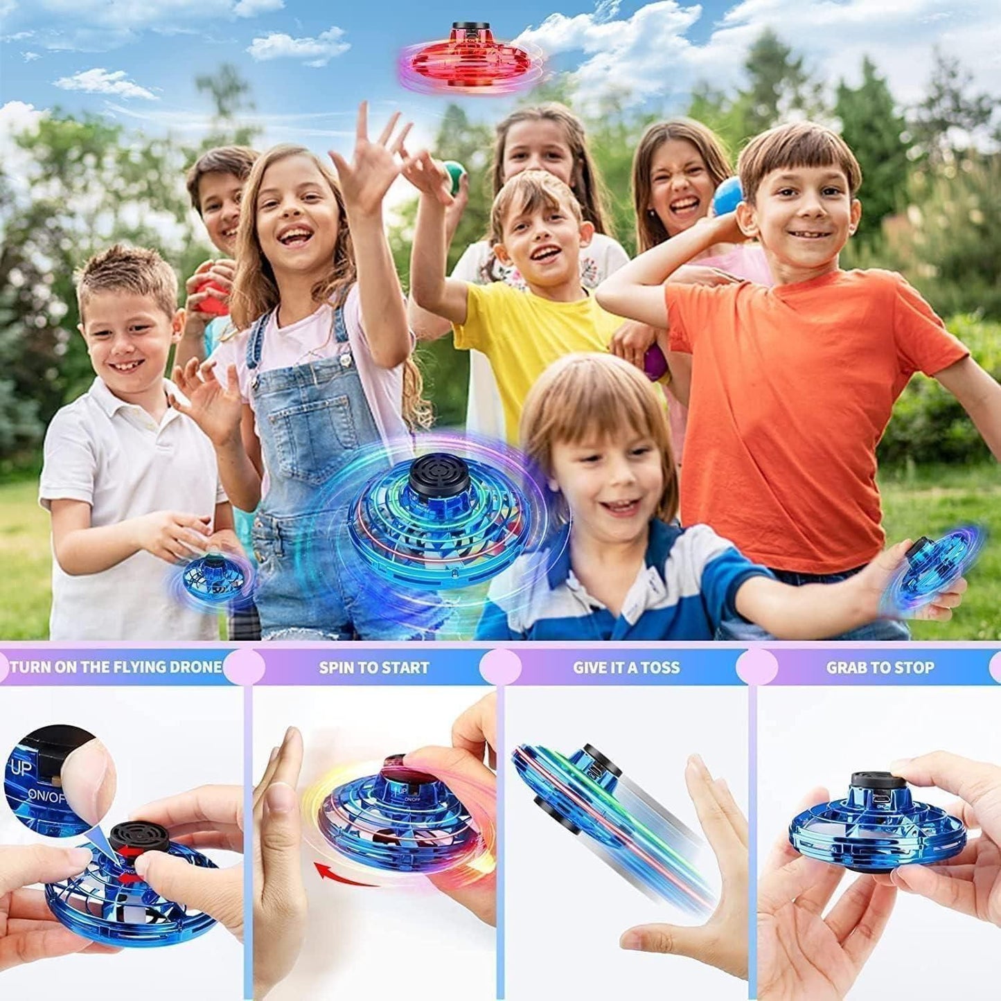 Kids playing with colorful magic flying orb toy outdoors with step-by-step usage instructions