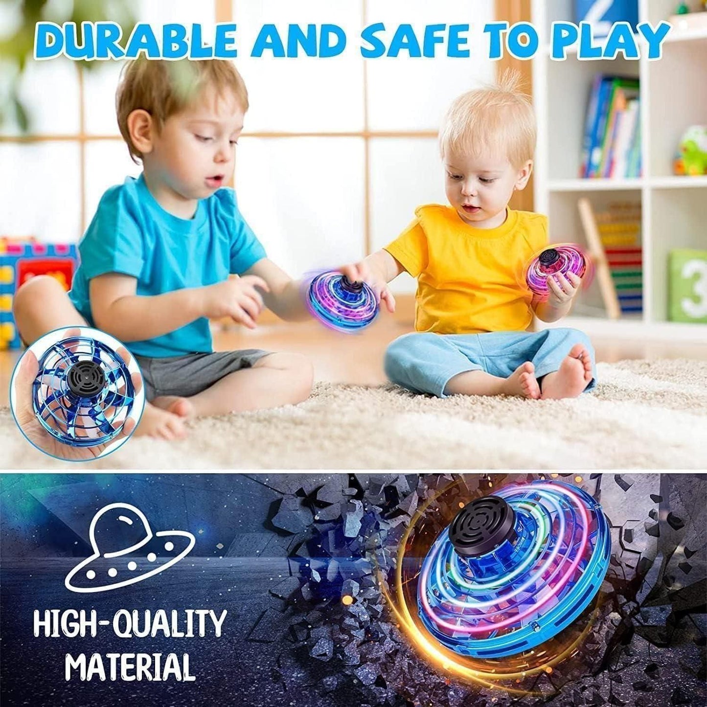 Two children playing with a colorful magic flying orb toy showing safe and durable design