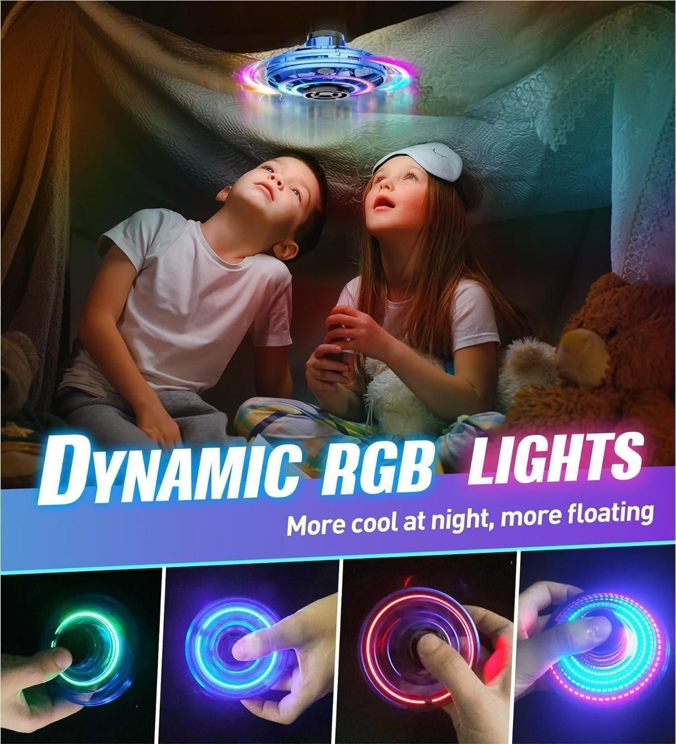 Kids playing with a magic flying orb toy featuring dynamic RGB lights floating above them at night