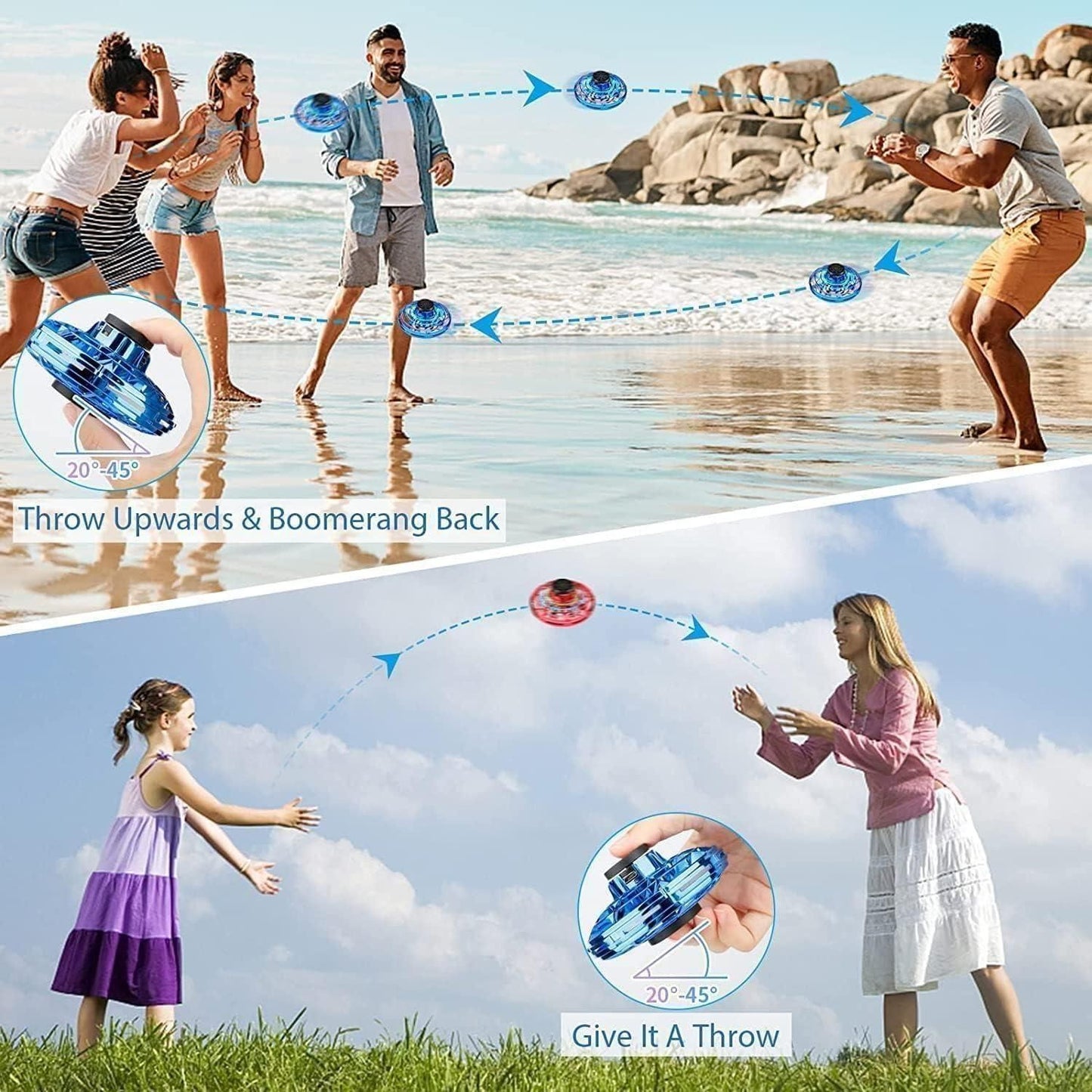 Group of people playing with a magic flying orb toy, demonstrating upward throws and boomerang returns