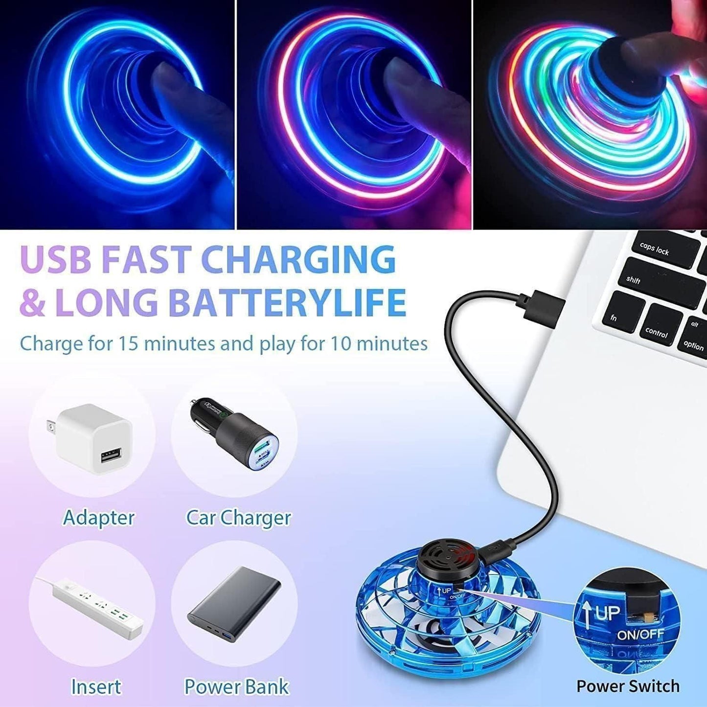 Magic flying orb toy with colorful LED lights showing USB fast charging and long battery life features