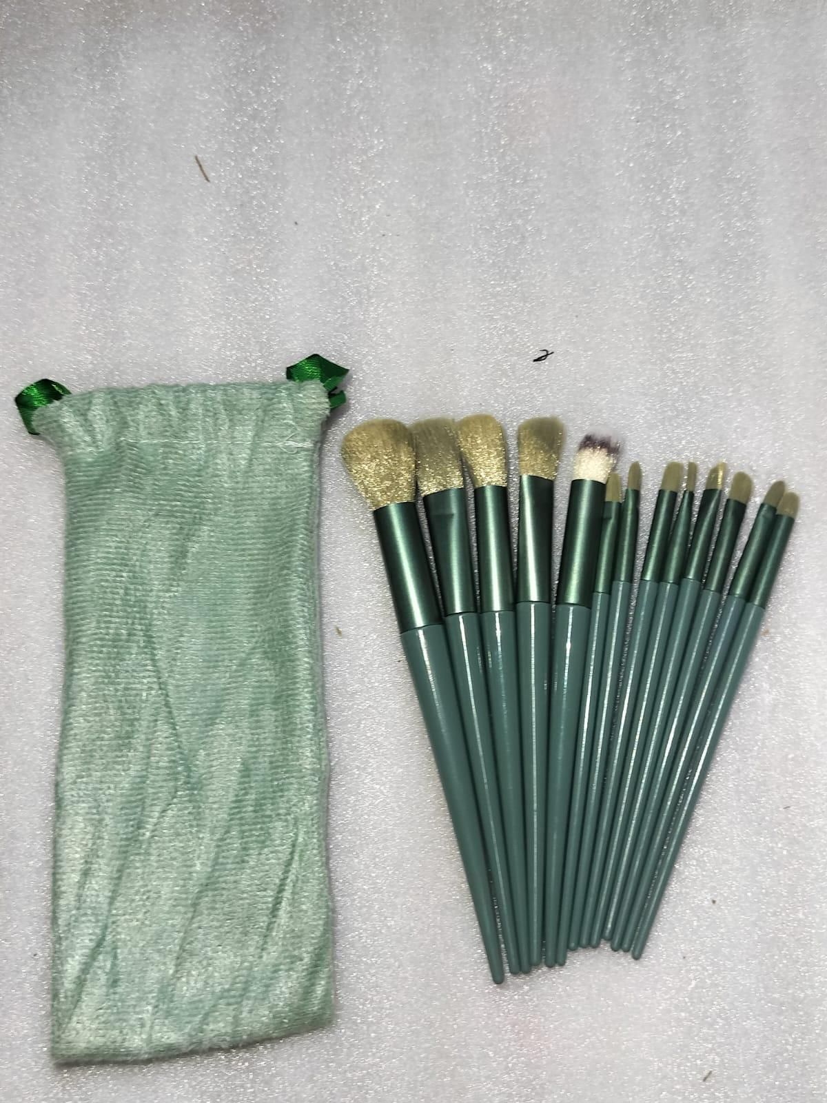 Soft bristle professional makeup brush set with green handles and matching storage pouch