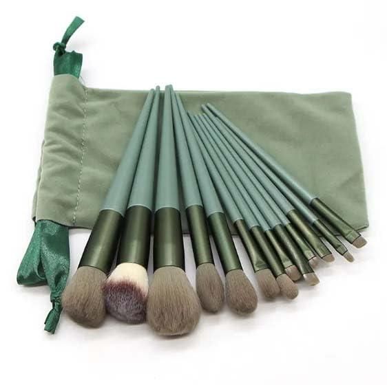 Soft bristle professional makeup brush set with green handles and a matching carrying pouch