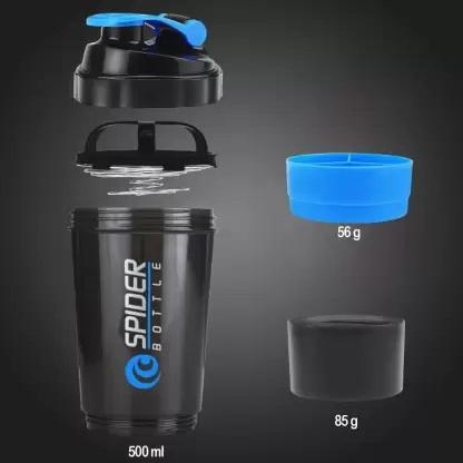 Black and blue gym shaker bottle for protein with detachable components and storage compartments