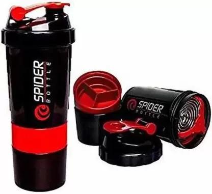 Black and red gym shaker bottle for protein with detachable compartments and mixing ball
