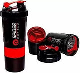 Black and red gym shaker bottle for protein with detachable compartments and mixing ball