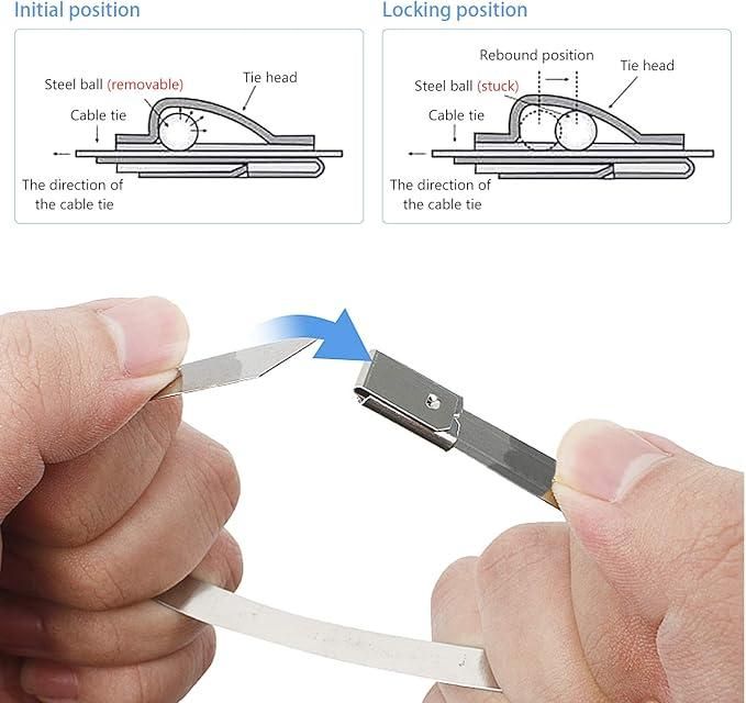 Hands demonstrating use of stainless steel cable lock ties pack of 10 with locking mechanism diagram