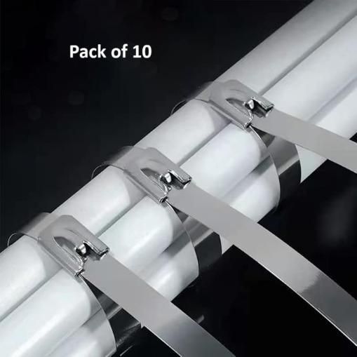 Stainless steel cable lock ties pack of 10 securing white pipes with metal locking mechanism